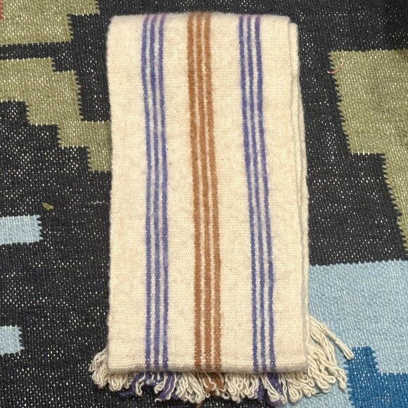Ecuadorian 100% Wool Fringed Striped Scarf, Cream with Blue/Brown Stripes - Picture 1 of 14
